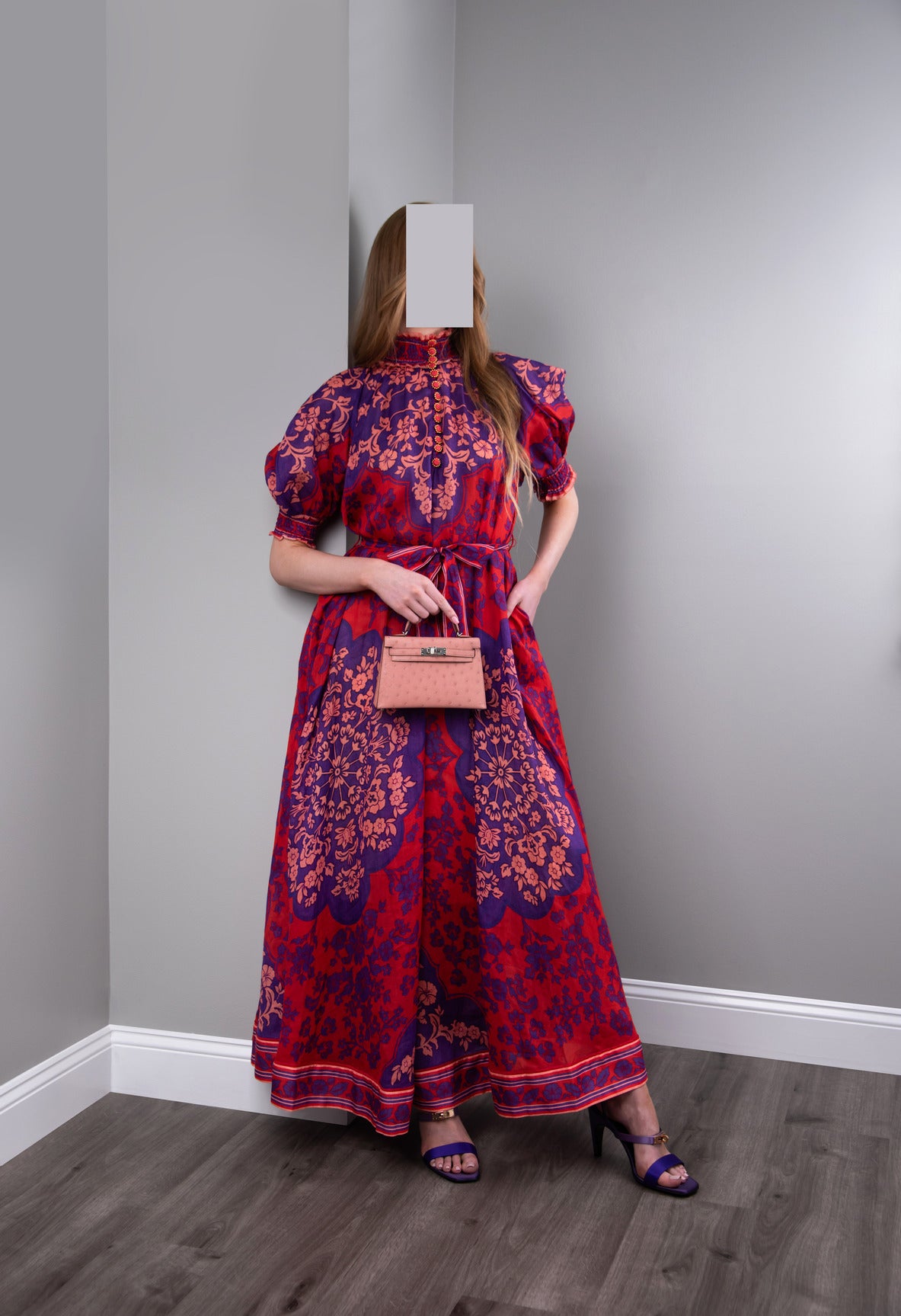 Zimmermann Raie Swing Maxi Dress with Hermès Mini Kelly Ostrich in Terre Cutie PHW