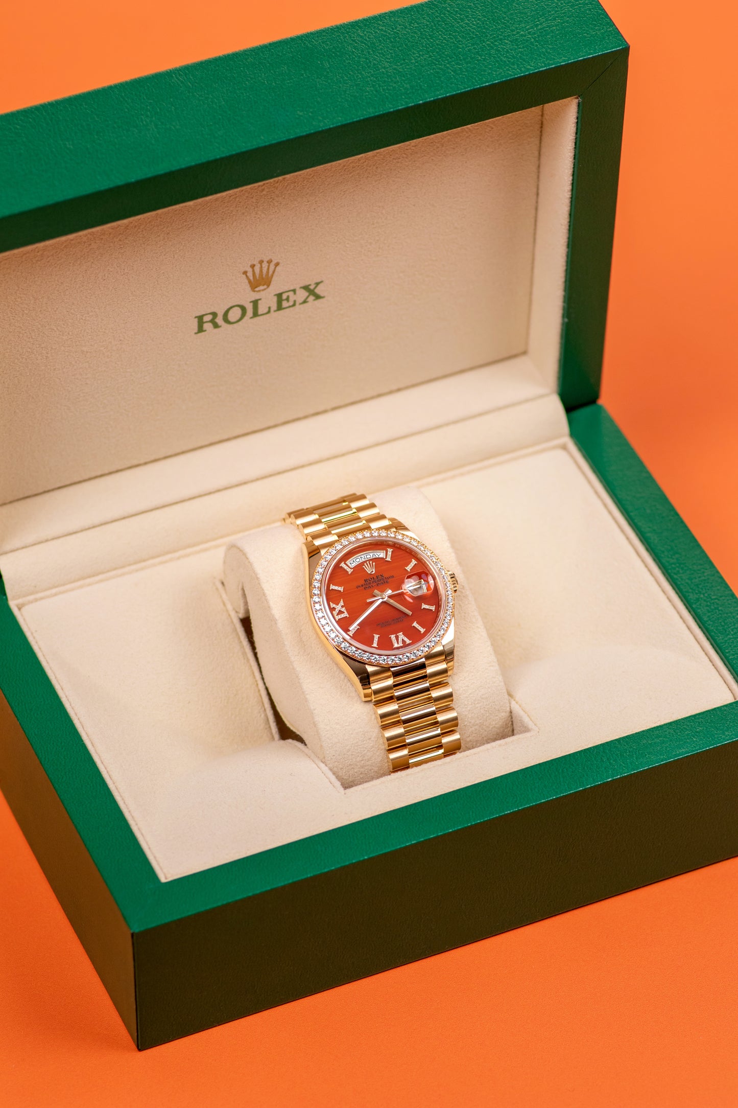 Rolex Oyster Perpetual Day-Date Orange Dial with Diamond 36mm