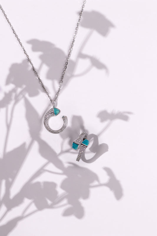 Marli Cleo Pendant & Ring in White Gold Blue Chalcedony