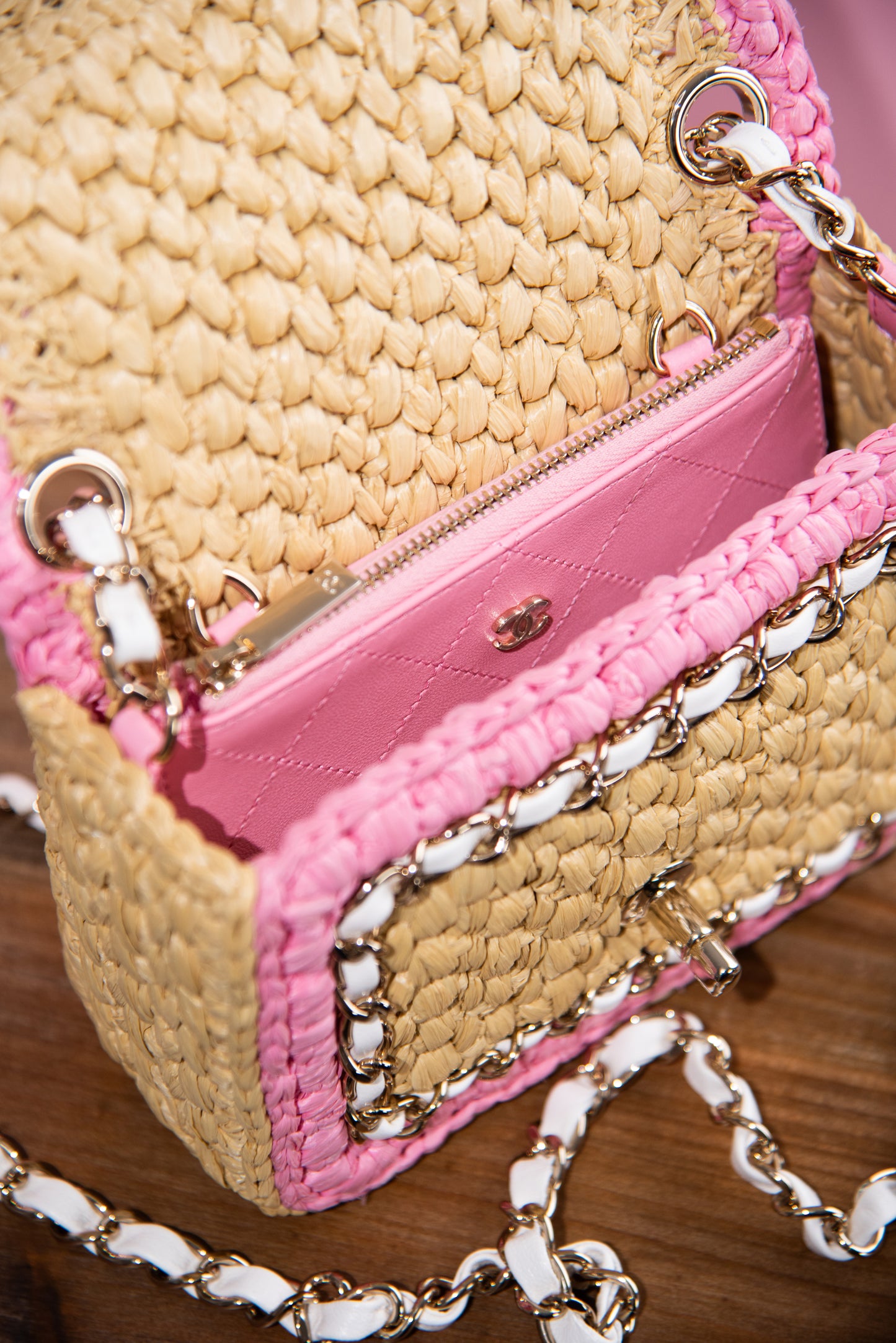 Chanel Mini Flap Bag in Braided Raffia/Pink/White