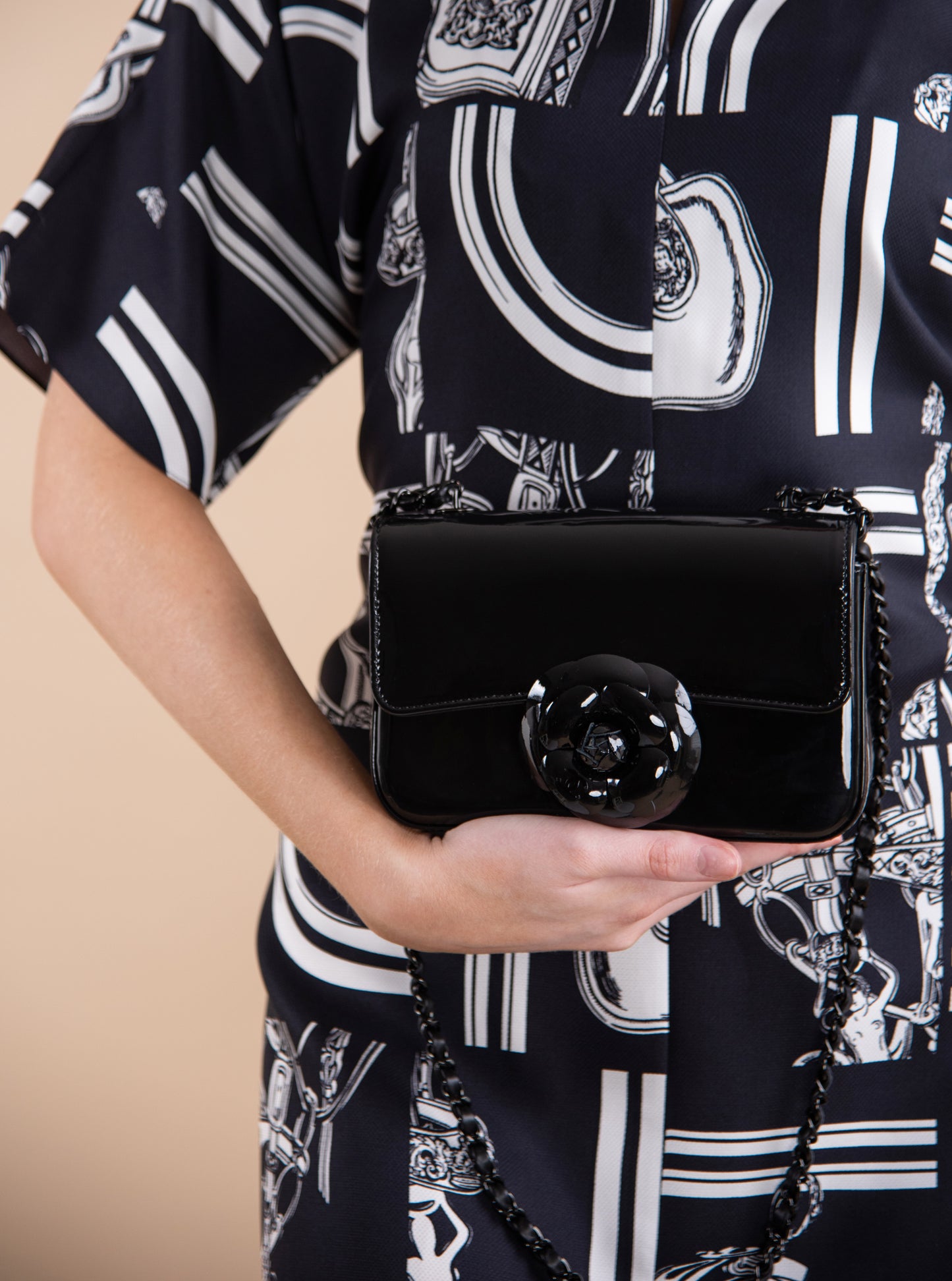 Chanel Shiny Flap Bag with Rose in Black