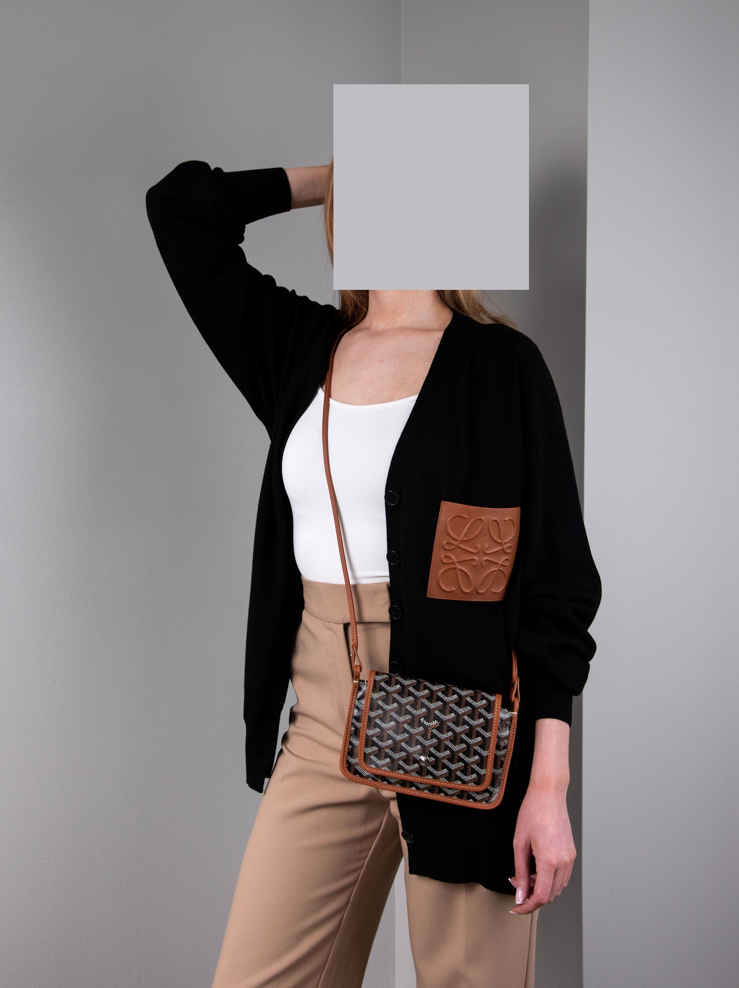 Loewe Black Cardigan & Goyard Plumet Bag
