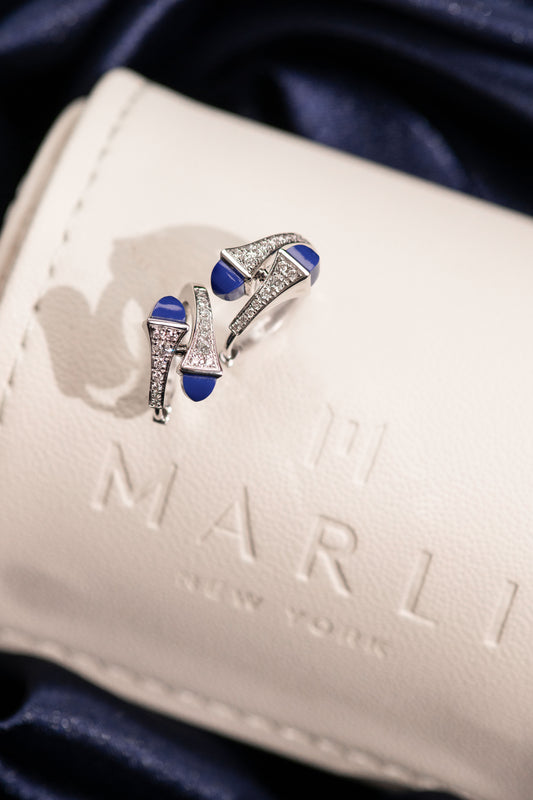 Marli Cleo White Gold Diamond Huggie Earrings in Lapis Lazuli