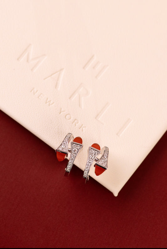 Marli Cleo Huggie Earrings in White Gold Diamond/Red Agate