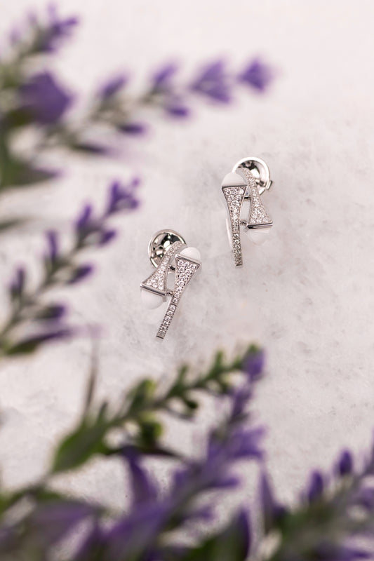 Marli Cleo Huggie Earrings in White Gold Diamond/White Agate