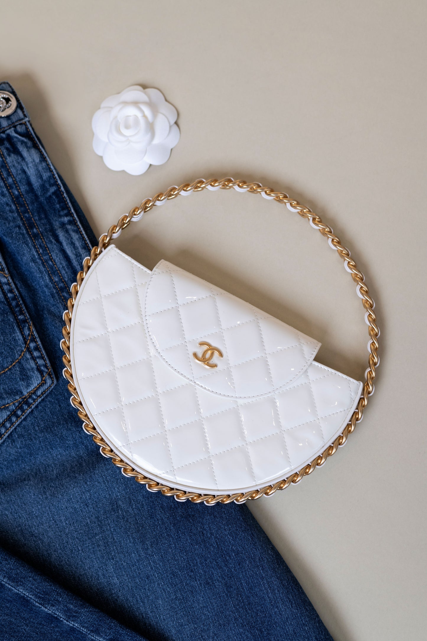 Chanel Denim Jeans & Hoop Chain White Bag