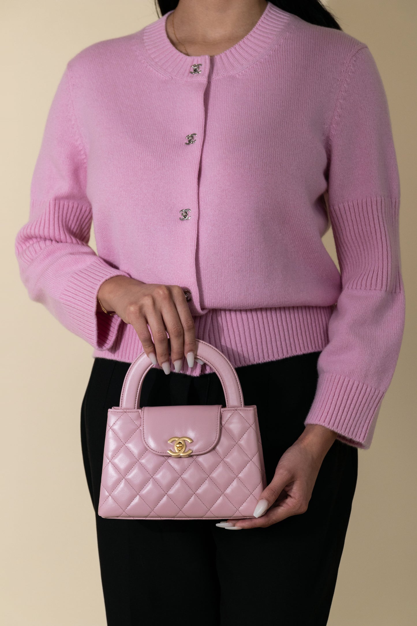 Chanel Top Handle Bag in Light Pink with Pink CC Cardigan