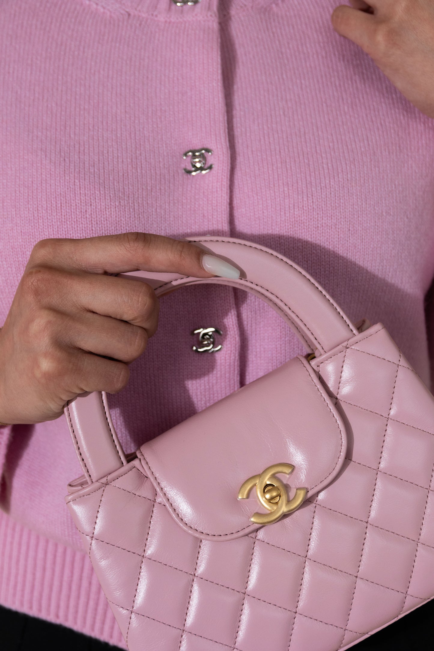 Chanel Top Handle Bag in Light Pink with Pink CC Cardigan