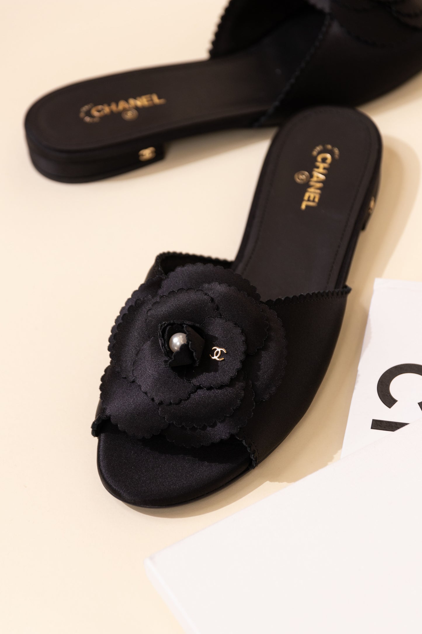 Chanel Black Satin Rose Sandals