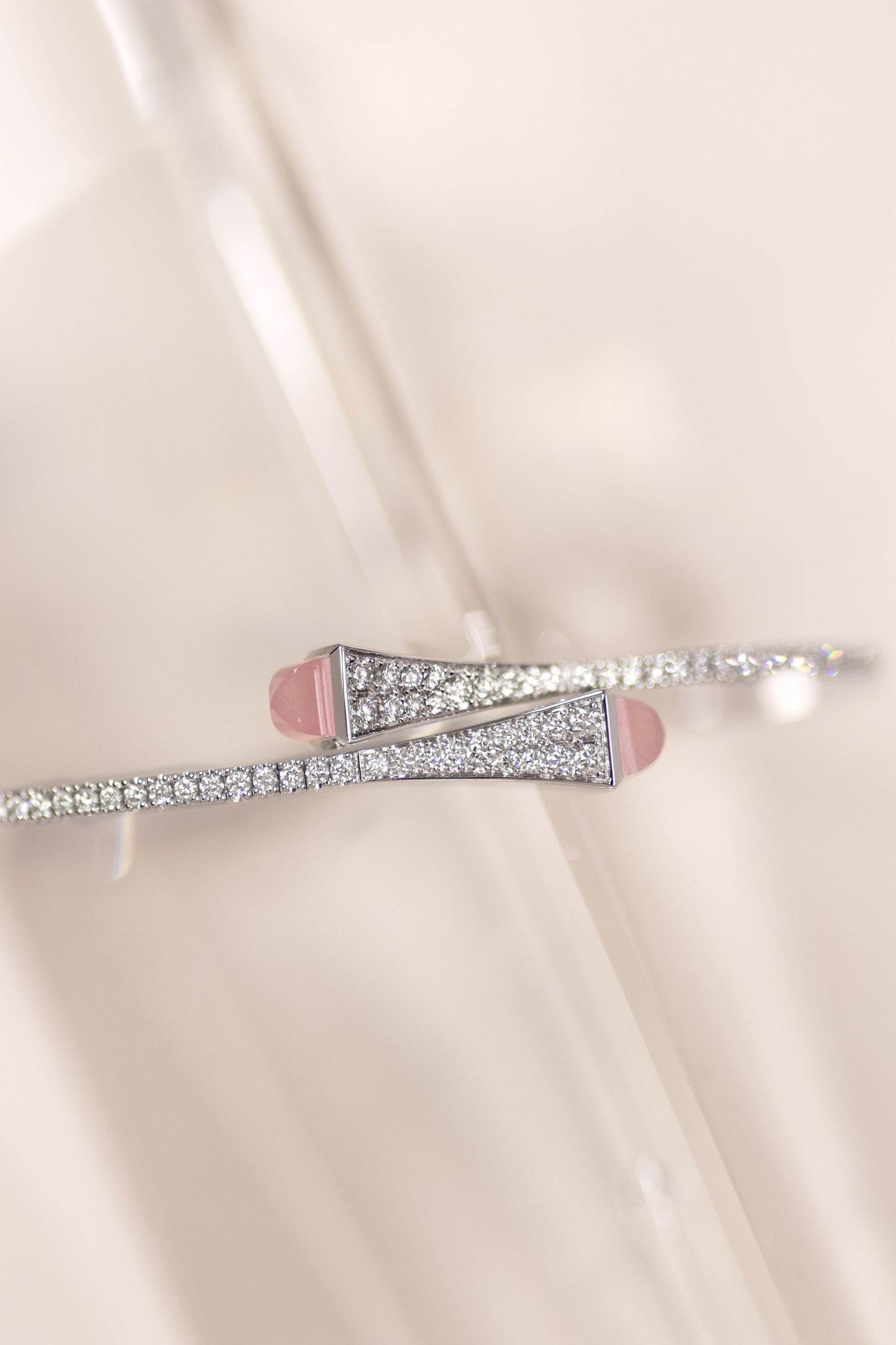 Marli Cleo White Gold Diamond Bangles in Blue Chalcedony, Pink Quartzite, & Moonstone