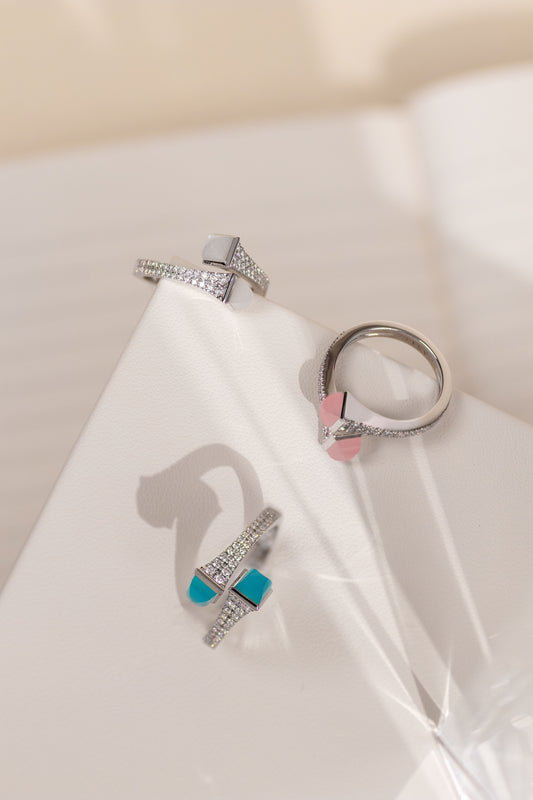 Marli Cleo White Gold Diamond Rings in Blue Chalcedony, Pink Quartzite, & Moonstone