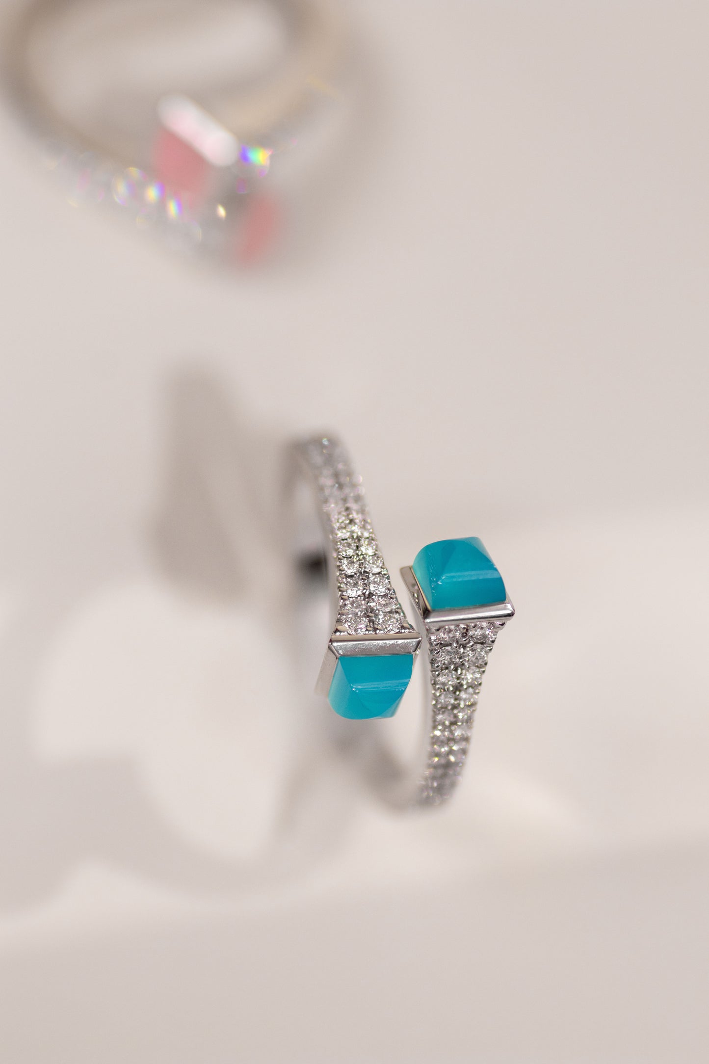 Marli Cleo White Gold Diamond Rings in Blue Chalcedony, Pink Quartzite, & Moonstone