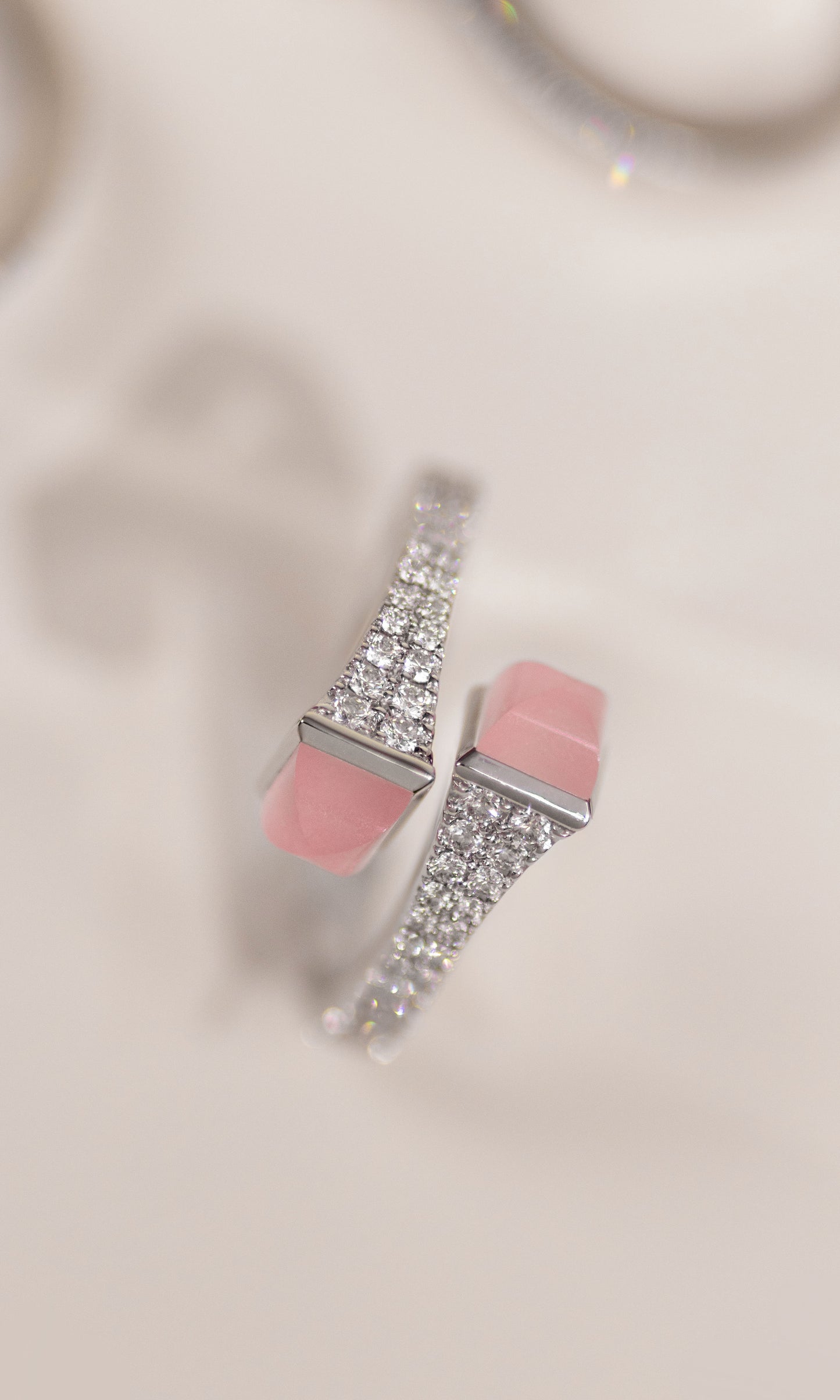 Marli Cleo White Gold Diamond Rings in Blue Chalcedony, Pink Quartzite, & Moonstone