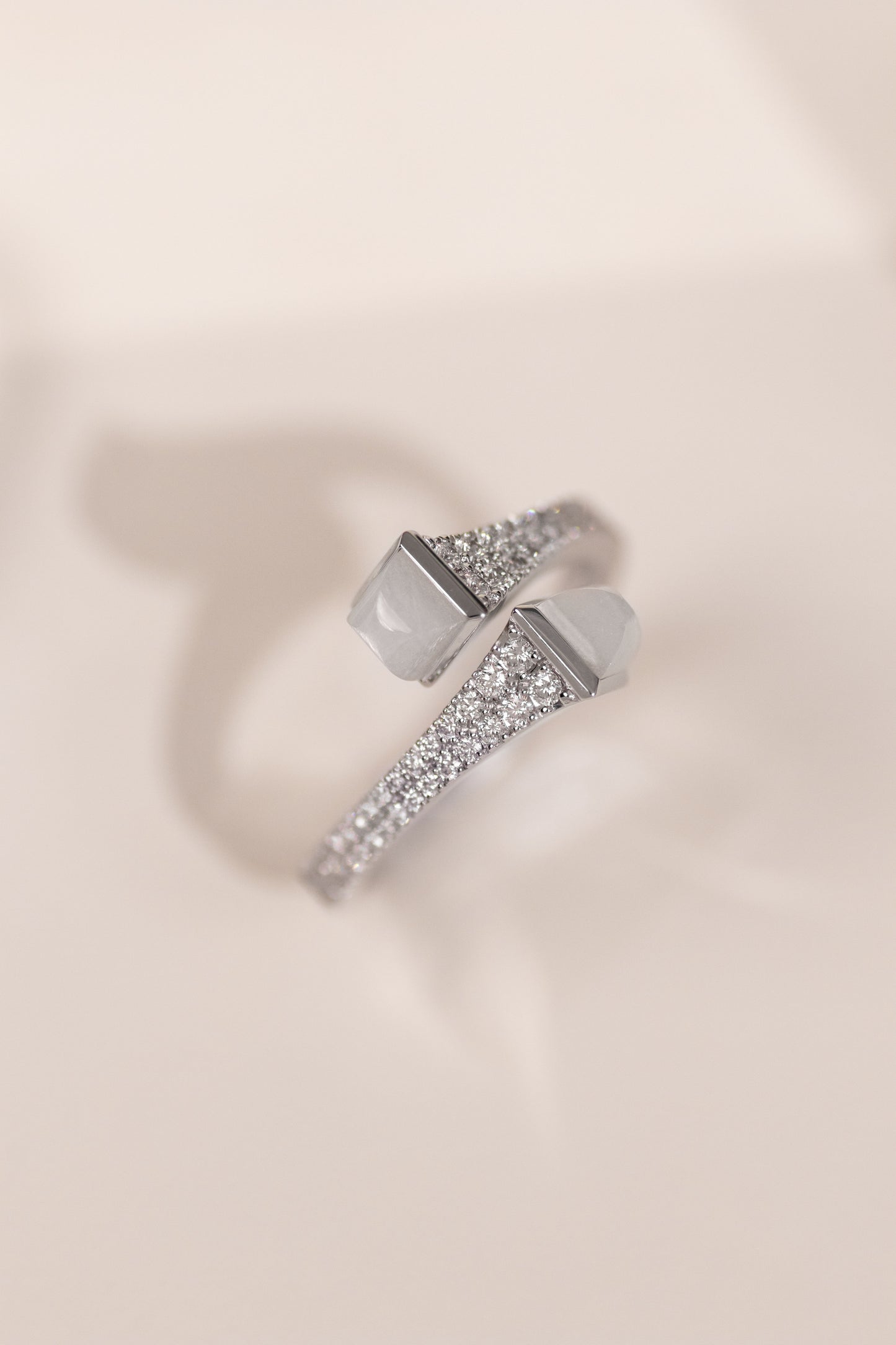 Marli Cleo White Gold Diamond Rings in Blue Chalcedony, Pink Quartzite, & Moonstone