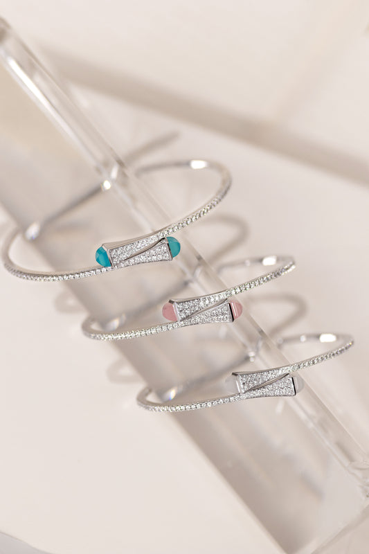 Marli Cleo White Gold Diamond Bangles in Blue Chalcedony, Pink Quartzite, & Moonstone