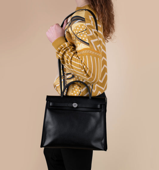 Hermès Herbag Zip 31 Coated Black-Ecru-Black with Twilly