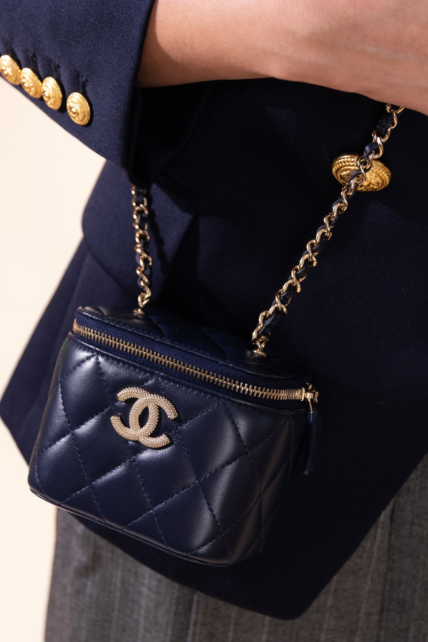 Chanel "Charming Buttons" Navy Vanity Case with Chain