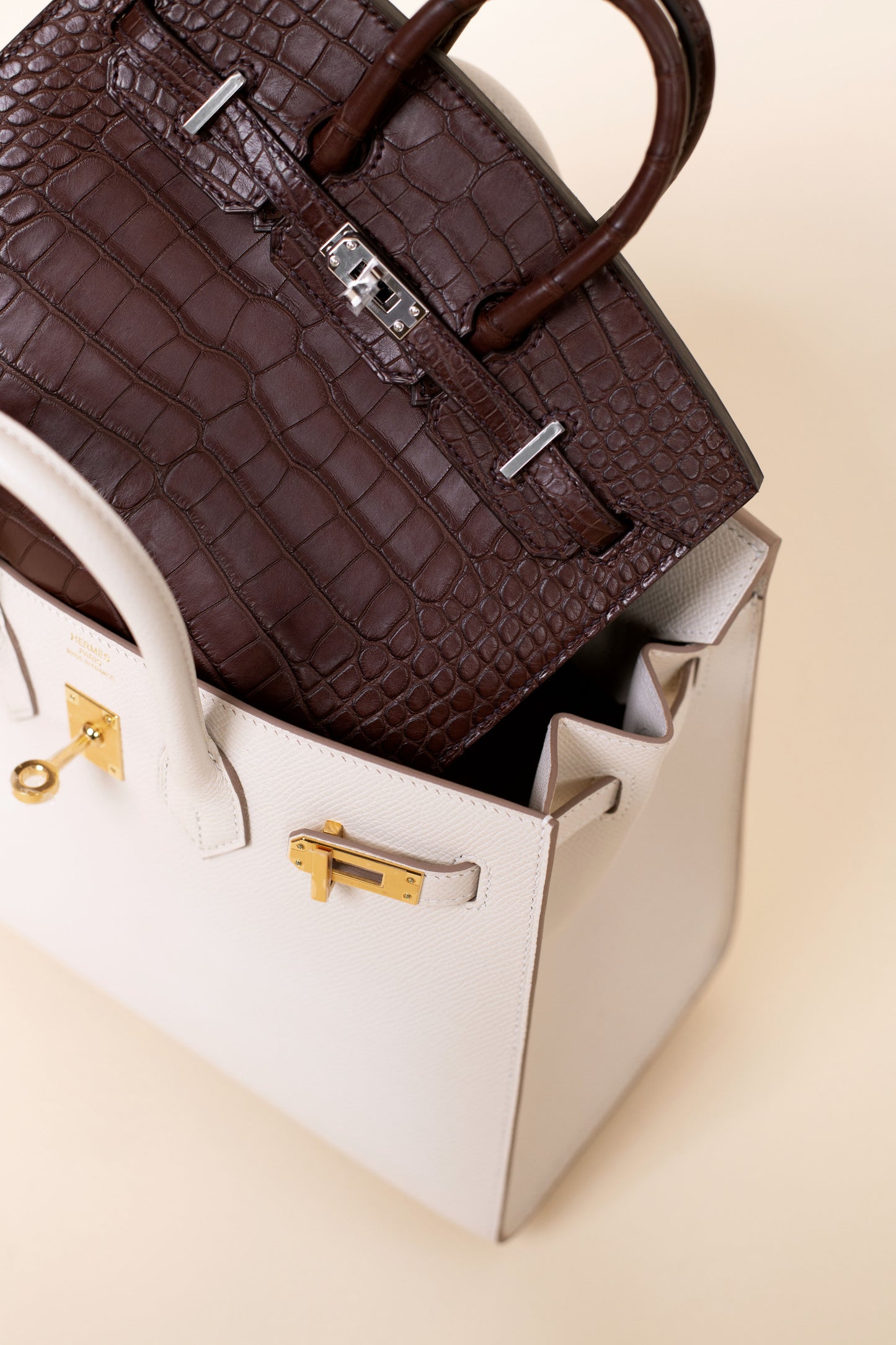 Hermès Birkin 20 Matte Alligator Havane PHW & Birkin 25 Epsom in Craie GHW