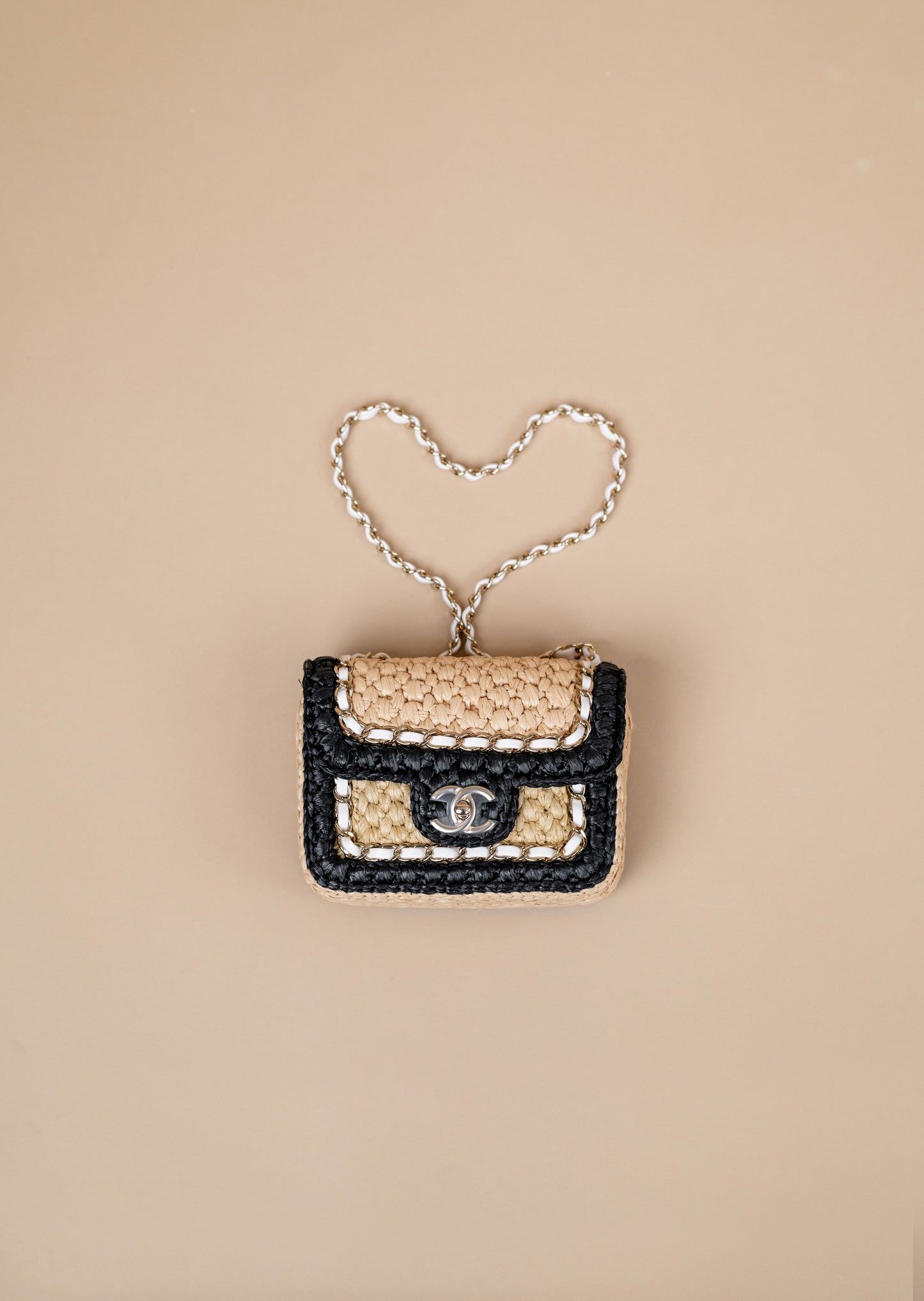 Chanel Mini Flap Bag Braided Raffia & Gold-Tone Metal in Beige & Black