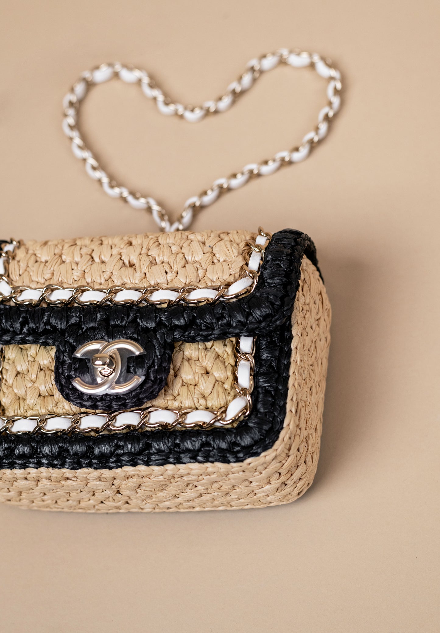 Chanel Mini Flap Bag Braided Raffia & Gold-Tone Metal in Beige & Black