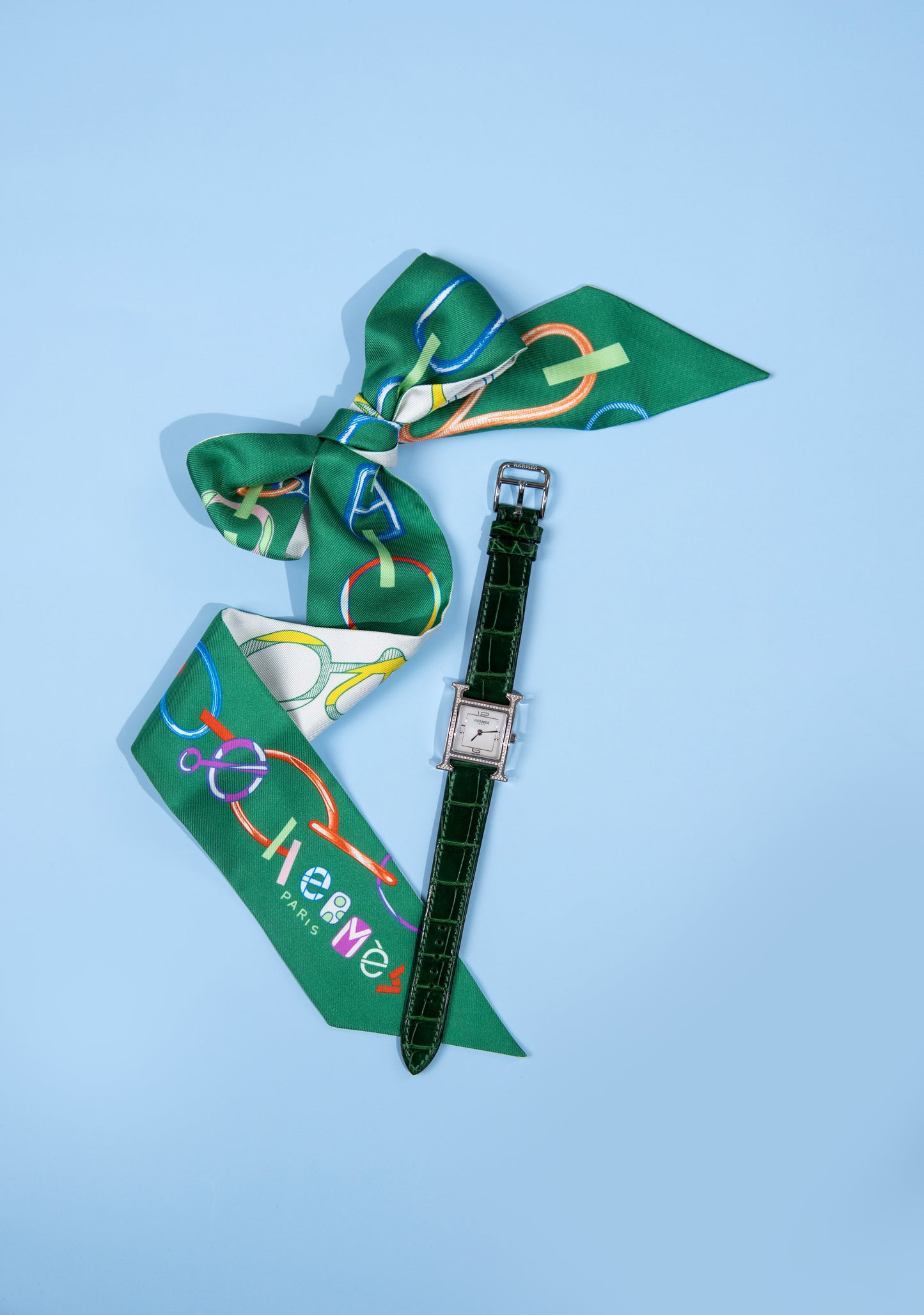 Hermès H Heure Watch with Diamonds & Green Shiny Crocodile Strap