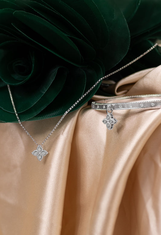 Roberto Coin Small White Gold Princess Flower Pendant & Princess Flower White Gold Diamond Flower Charm Bangle