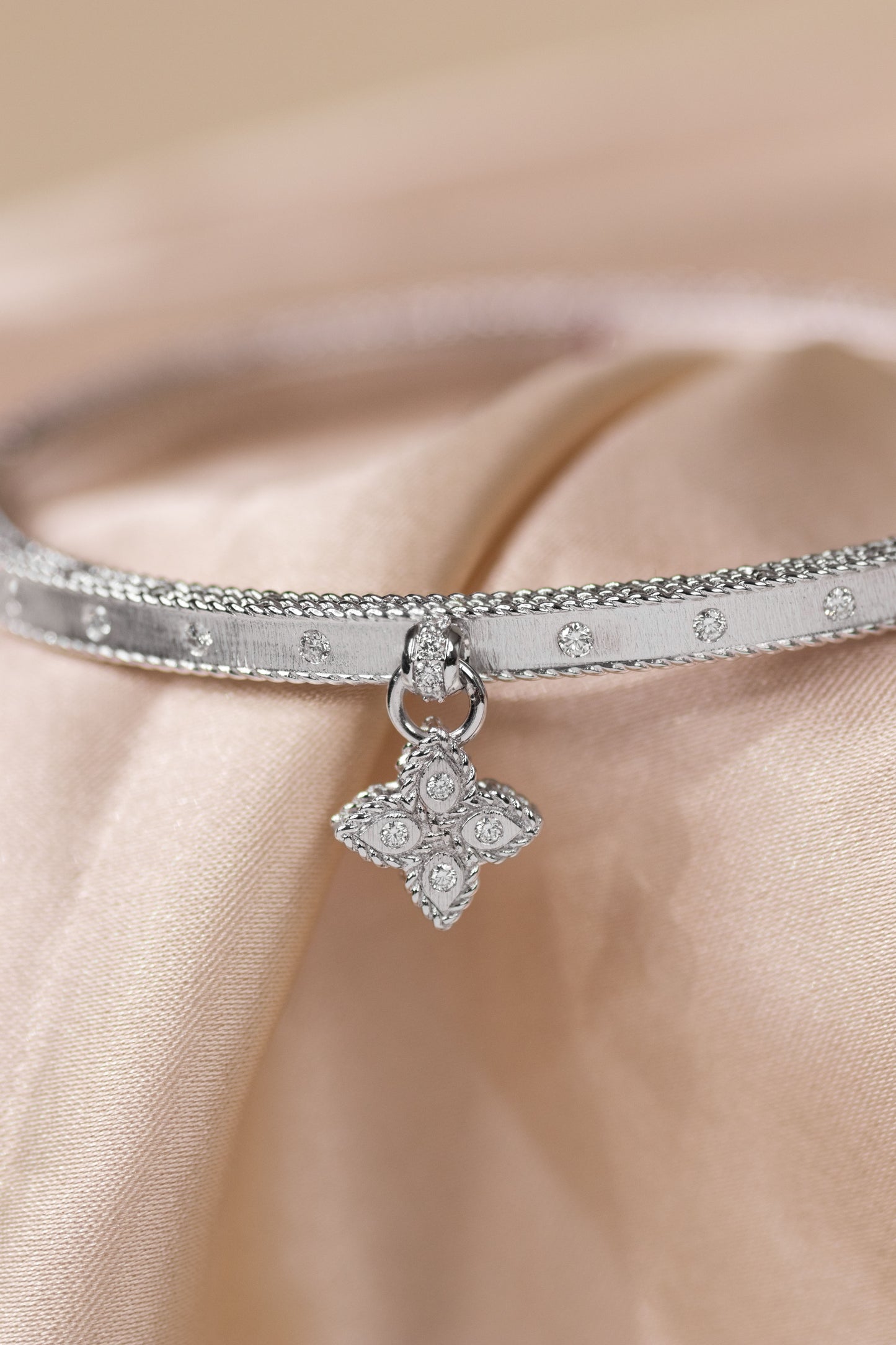 Roberto Coin Small White Gold Princess Flower Pendant & Princess Flower White Gold Diamond Flower Charm Bangle
