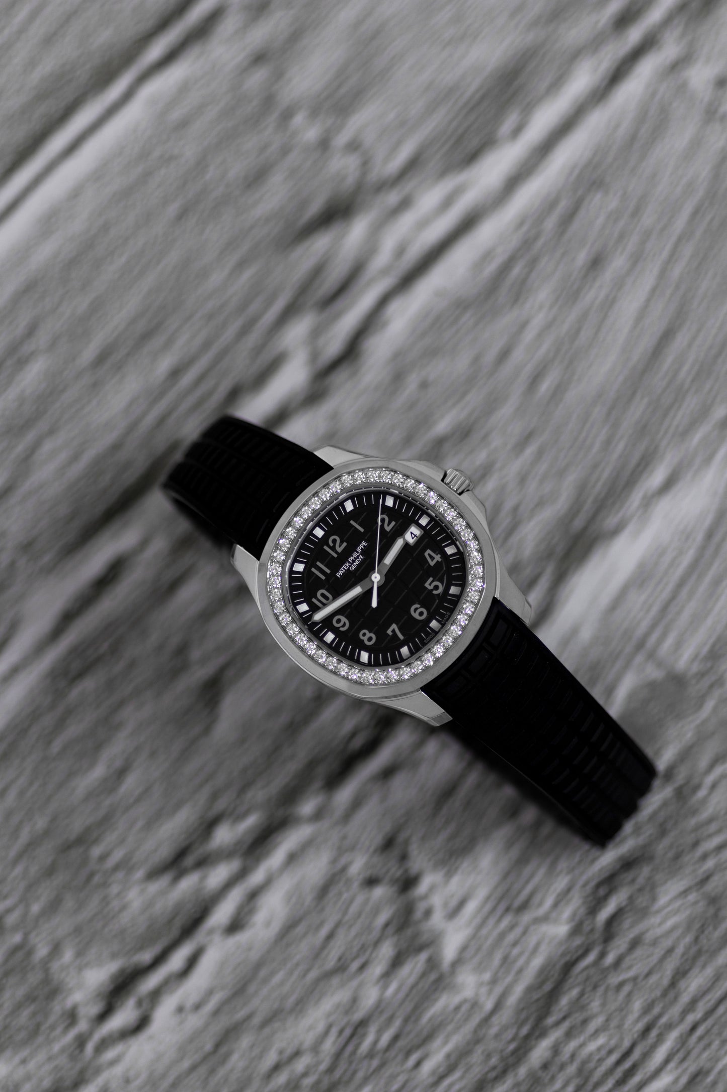 Patek Philippe Geneve Aquanaut Black Strap Watch with Diamond Dial