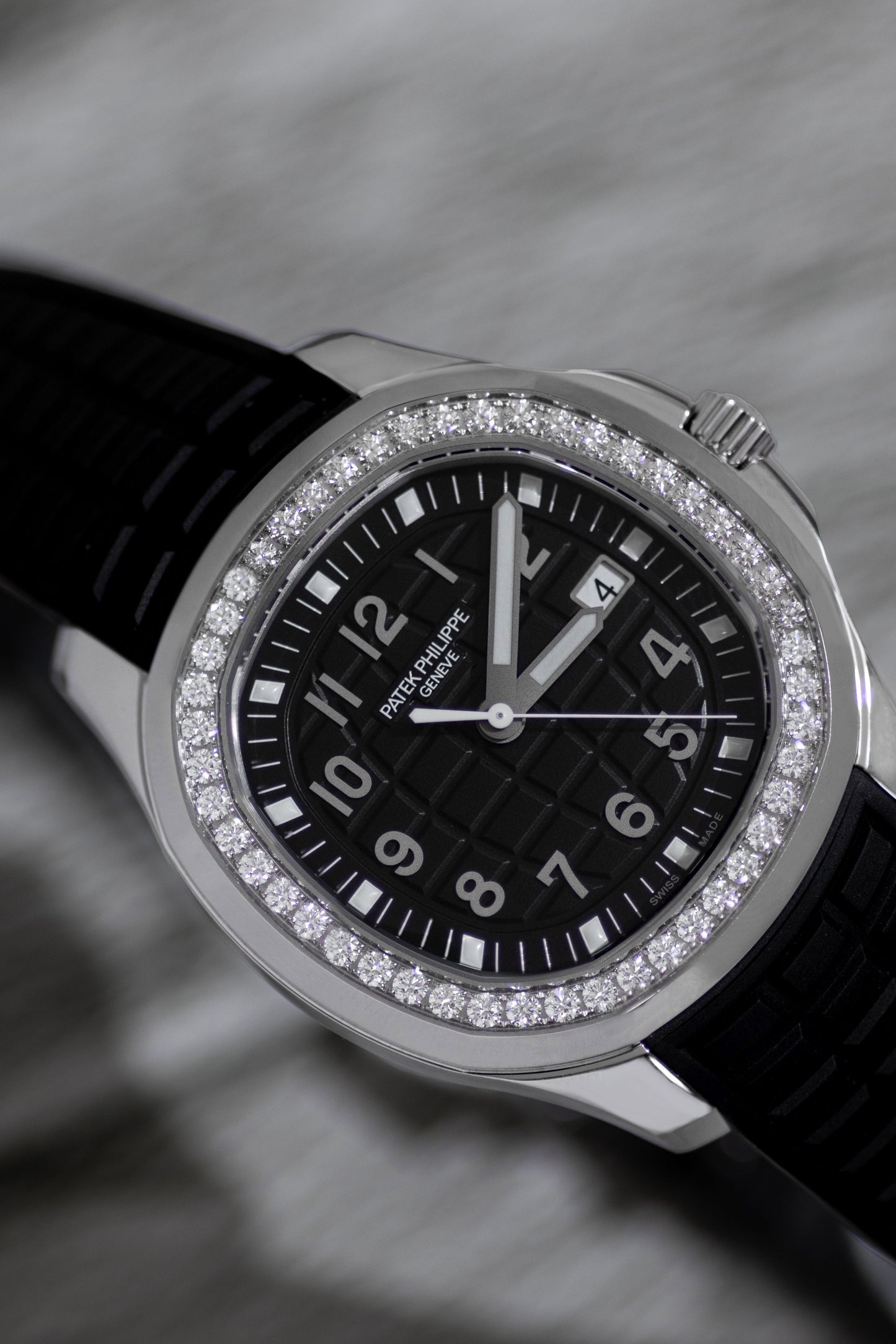 Patek Philippe Geneve Aquanaut Black Strap Watch with Diamond Dial