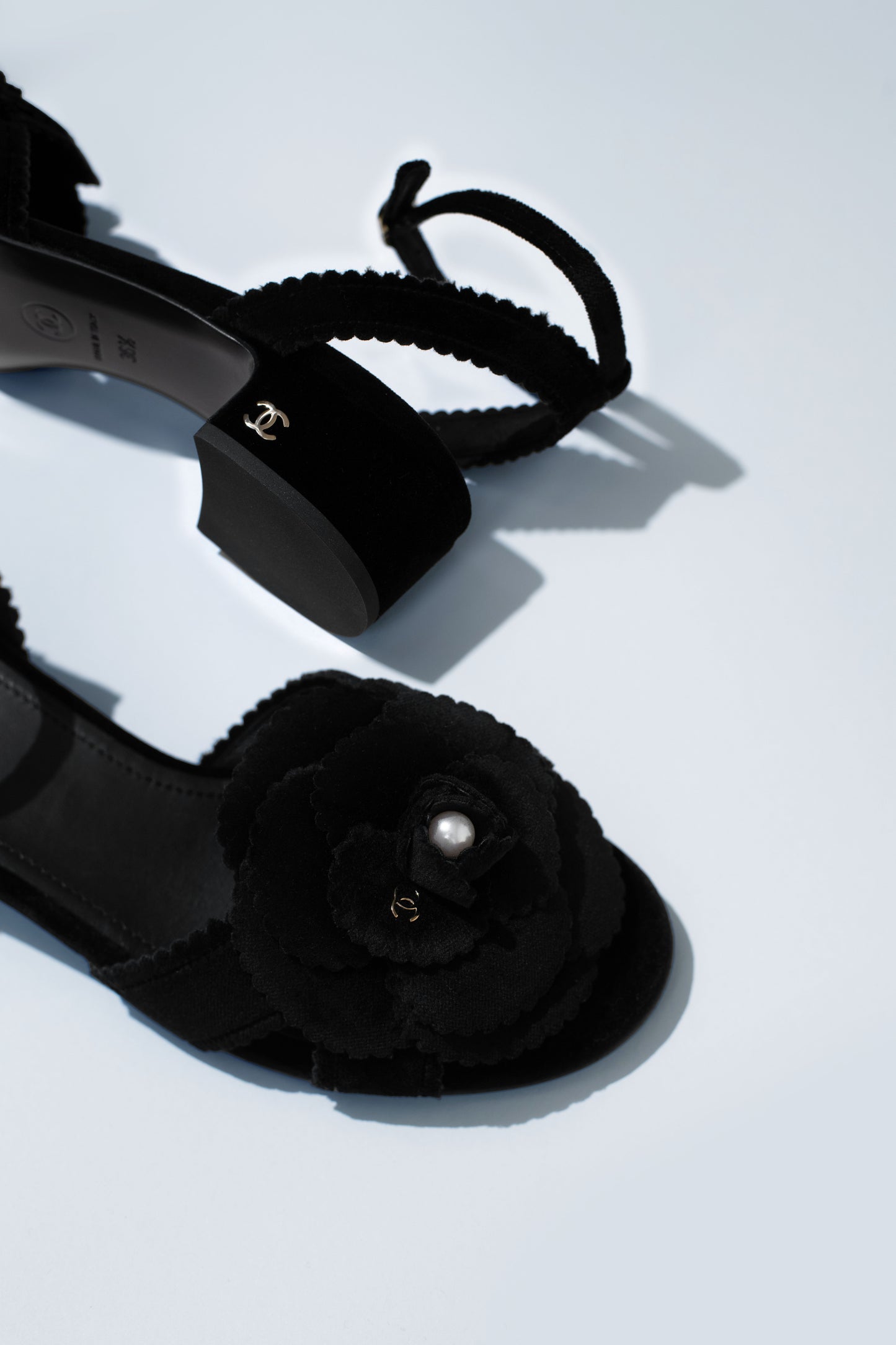 Chanel Black Rose Velvet Sandals
