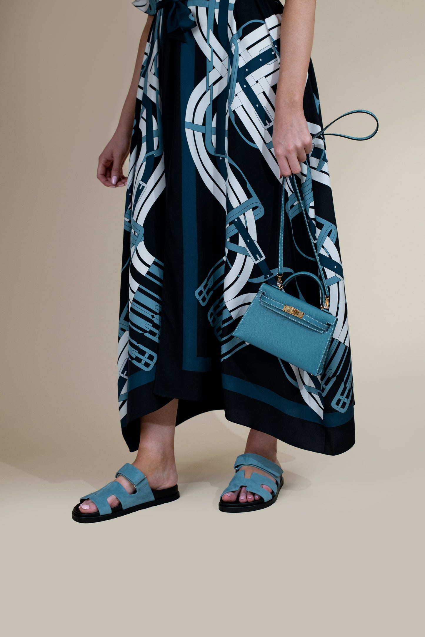 Hermès "Mors a Jouets Detoure" Belted Caftan & Mini Kelly 20 Epsom in Blue Jean GHW