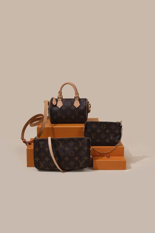 حقيبة لويس فيتون نانو سبيدي، وحقيبة صغيرة مونوغرام، وحقيبة بوشيت مونوغرام