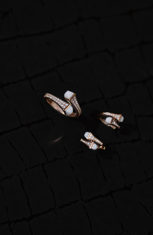 Marli Cleo Ring & Earrings in Rose Gold Diamond/White Agate