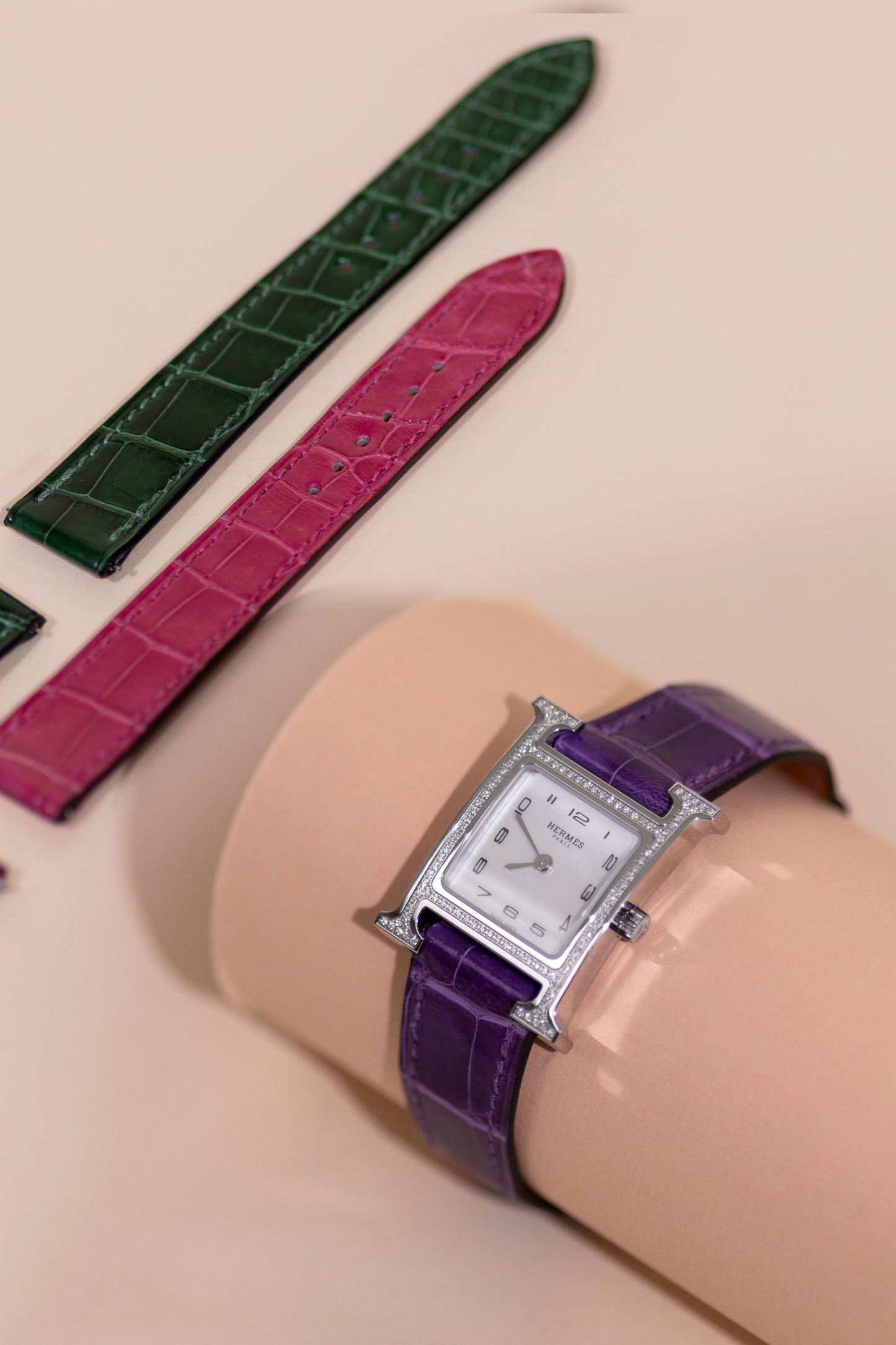 Hermès H Heure Watch 25mm in Shiny Alligator Straps in Vert Fonce, Violet, & Hot Pink