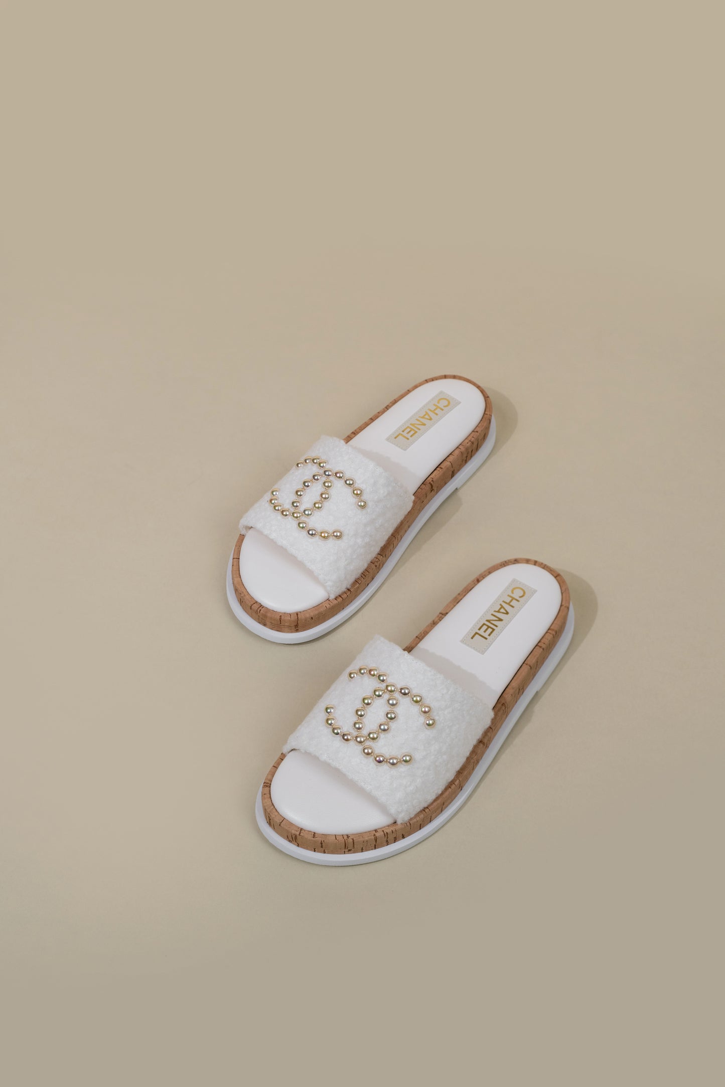 Chanel White Fabric/Pearl Slides & Micro Top Handle White Bag