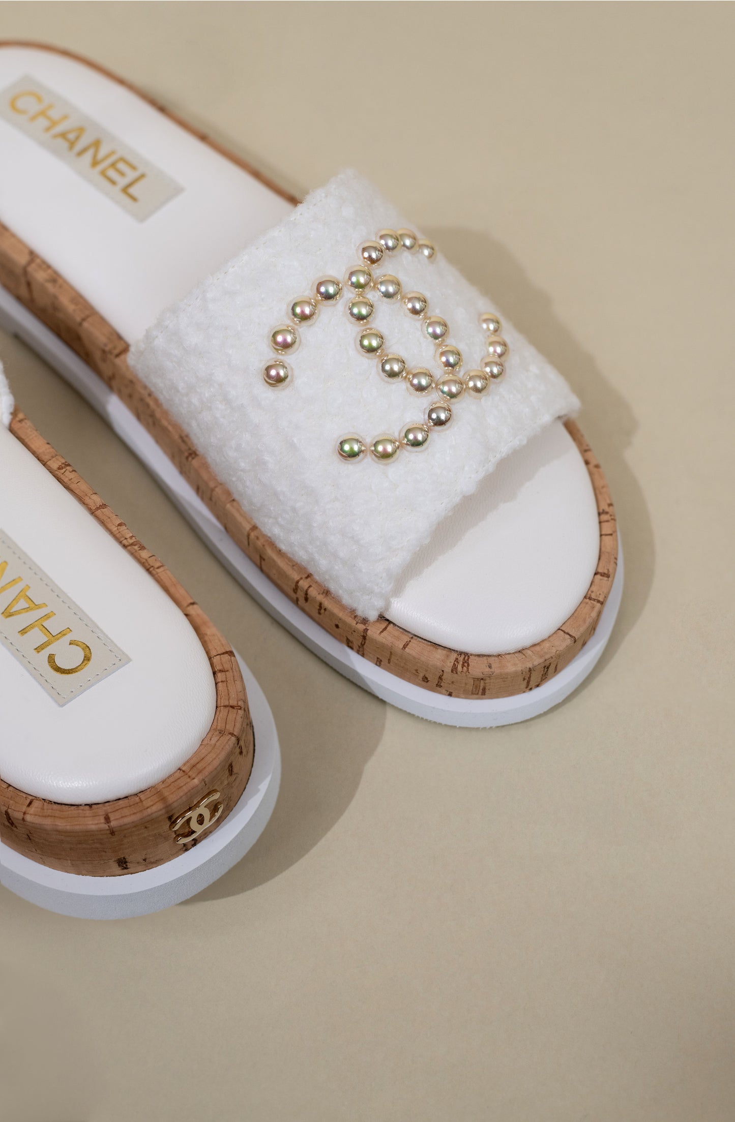 Chanel White Fabric/Pearl Slides & Micro Top Handle White Bag