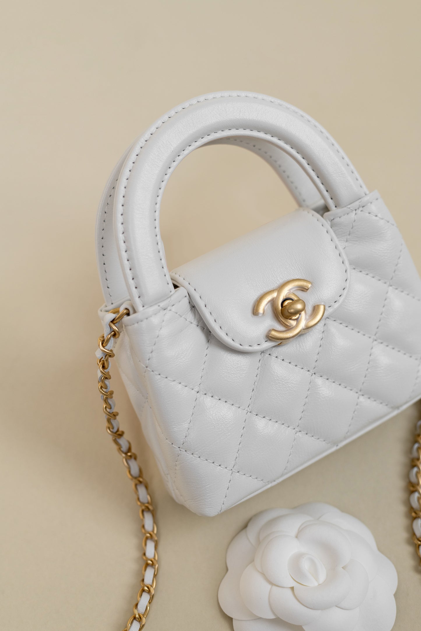 Chanel White Fabric/Pearl Slides & Micro Top Handle White Bag