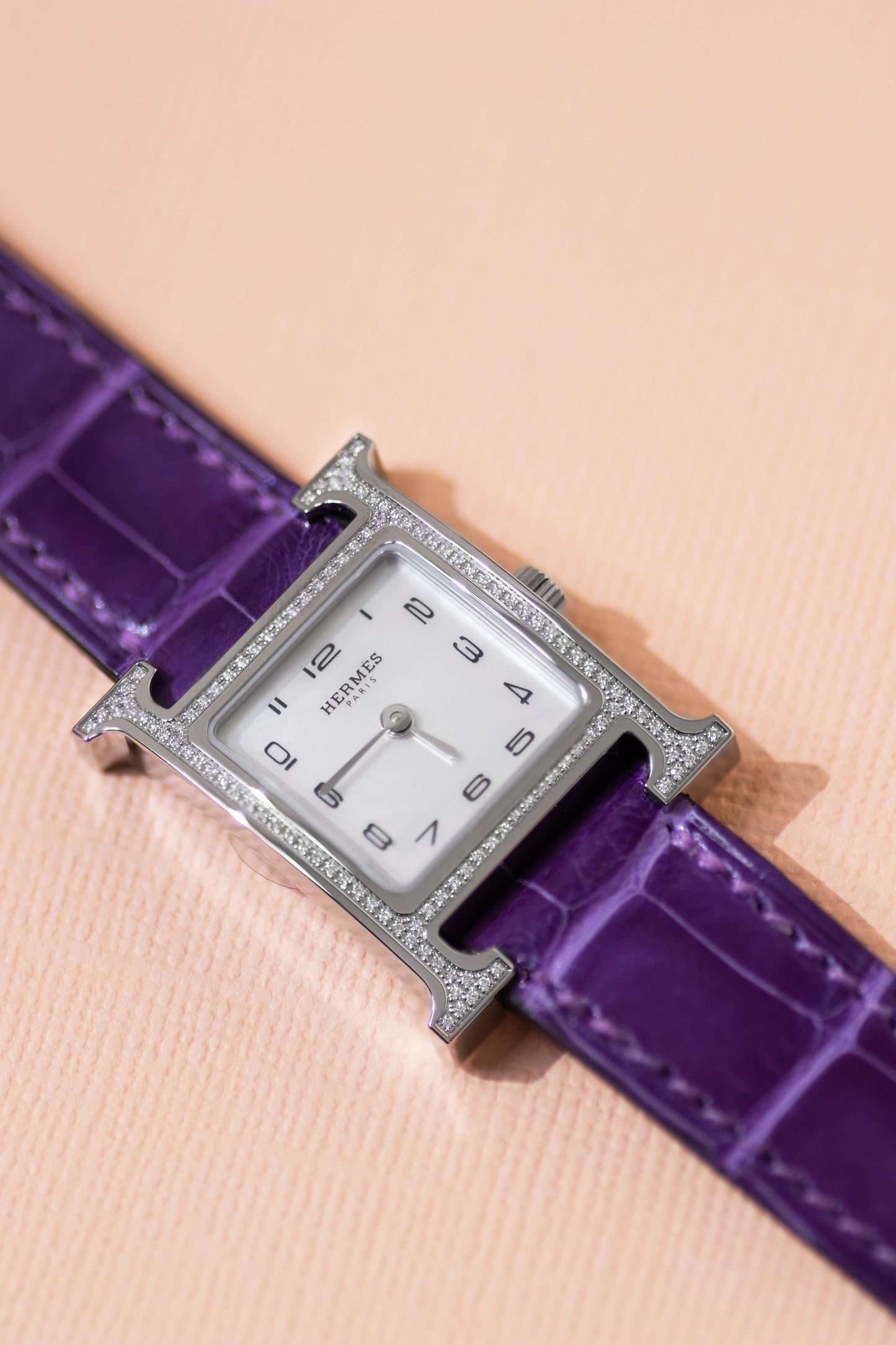 Hermès H Heure Watch with Purple Alligator Strap