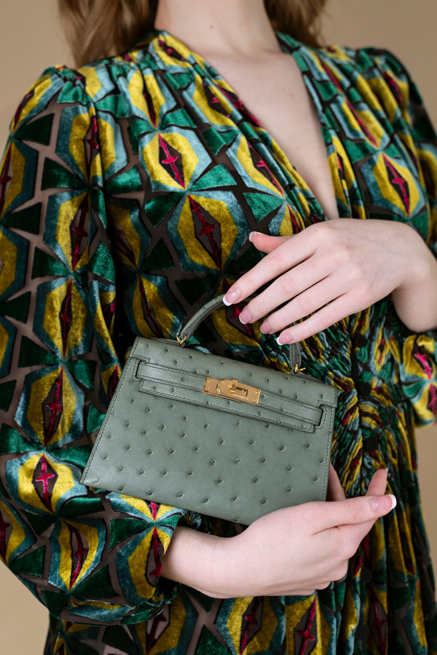 Hermès Mini Kelly 20 Ostrich in Vert Amande GHW