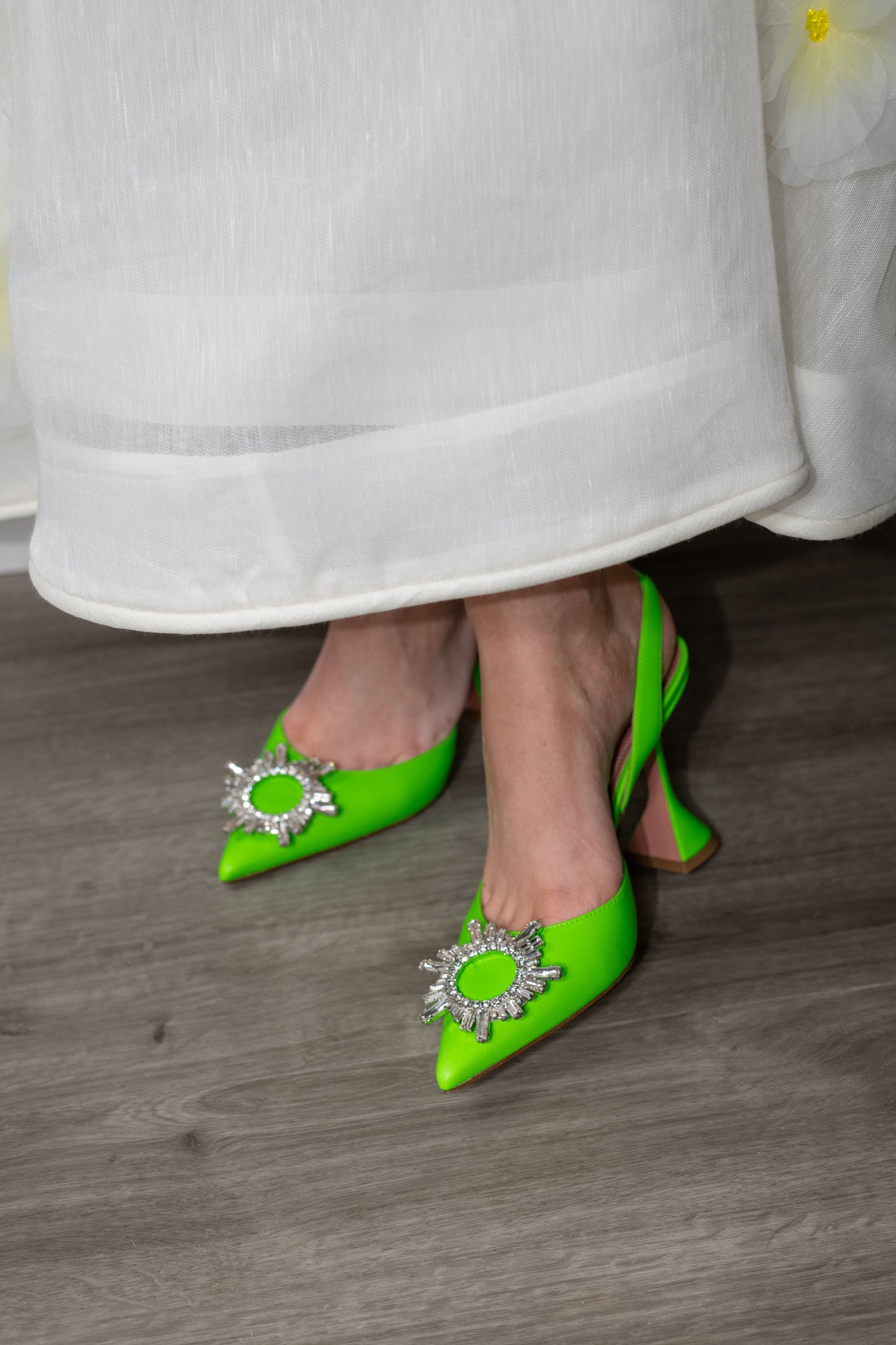 Amina Muaddi Begum Green Satin Pumps
