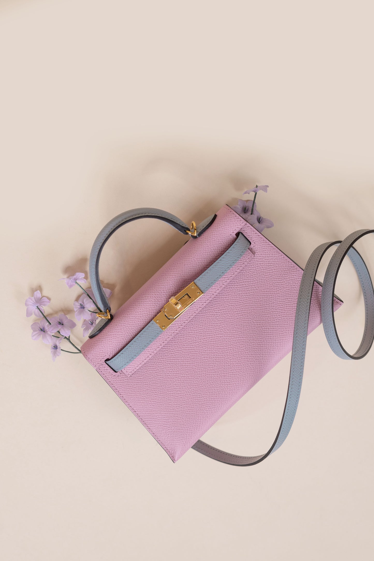 Hermès HSS Mini Kelly Epsom in Mauve/Blue Brume GHW