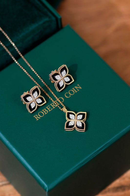 Roberto Coin Princess Flower Diamond Earrings & Pendant in Rose Gold/Black Jade