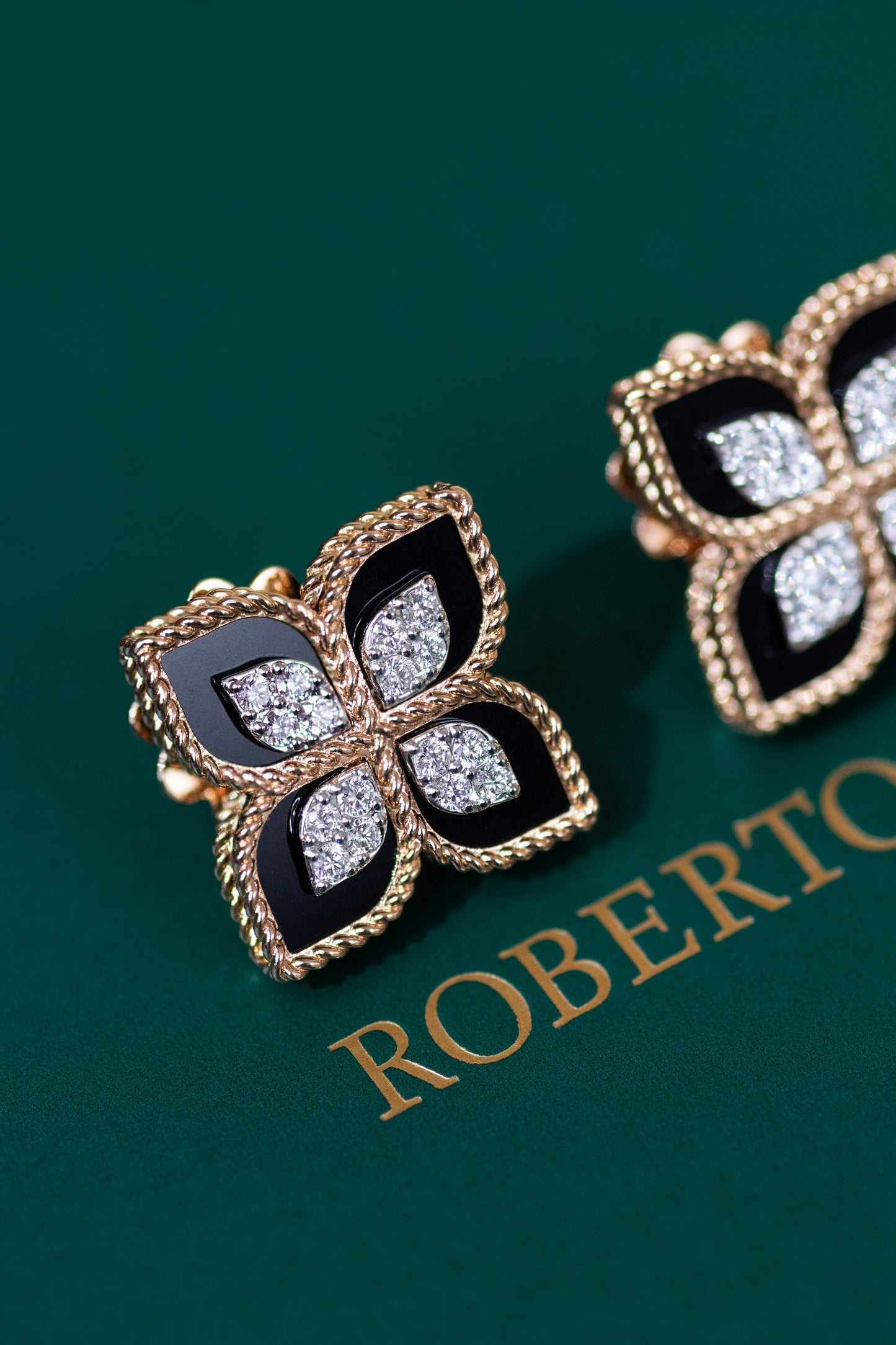 Roberto Coin Princess Flower Diamond Earrings & Pendant in Rose Gold/Black Jade