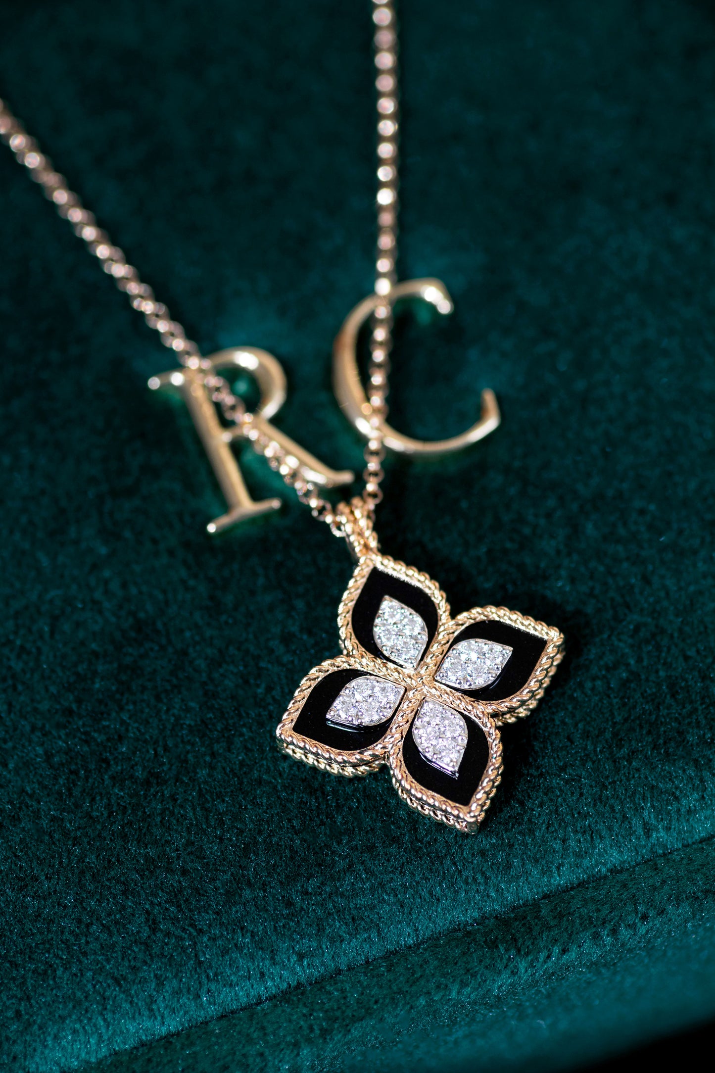 Roberto Coin Princess Flower Diamond Earrings & Pendant in Rose Gold/Black Jade