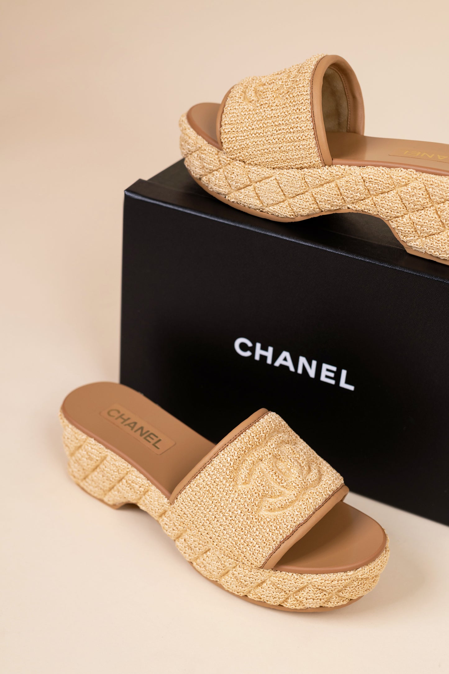 Chanel CC Beige Fabric Mules