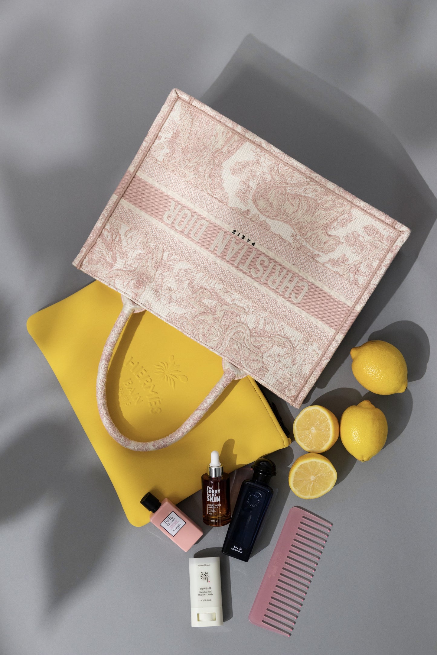 Hermès Yellow Bain Pouch with Dior Book Tote in Light Pink/White