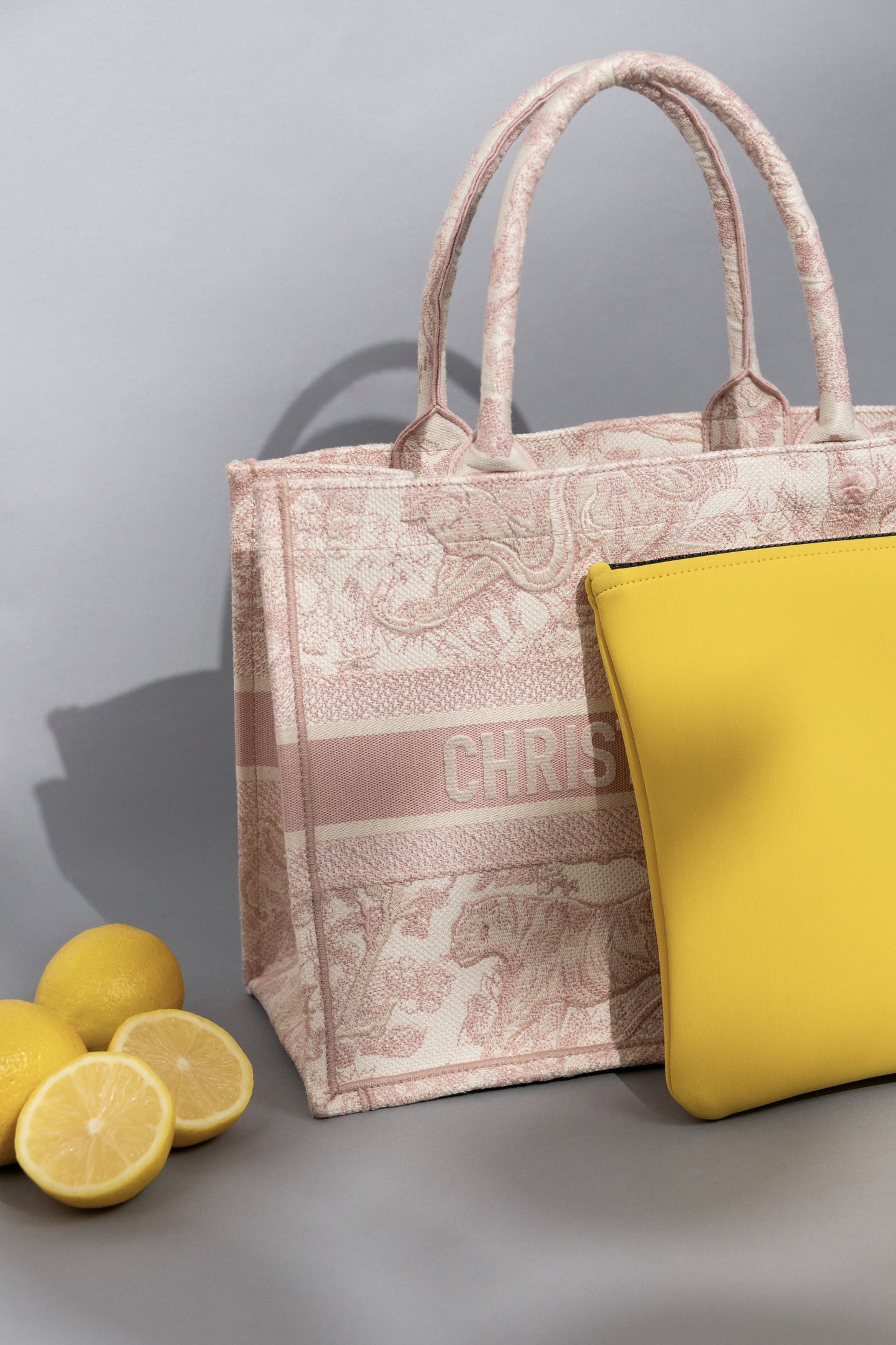 Hermès Yellow Bain Pouch with Dior Book Tote in Light Pink/White