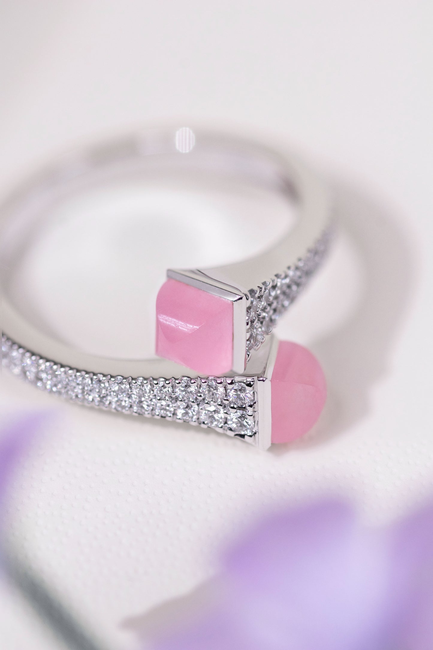 Marli Cleo White Gold Diamond/Pink Quartz Ring