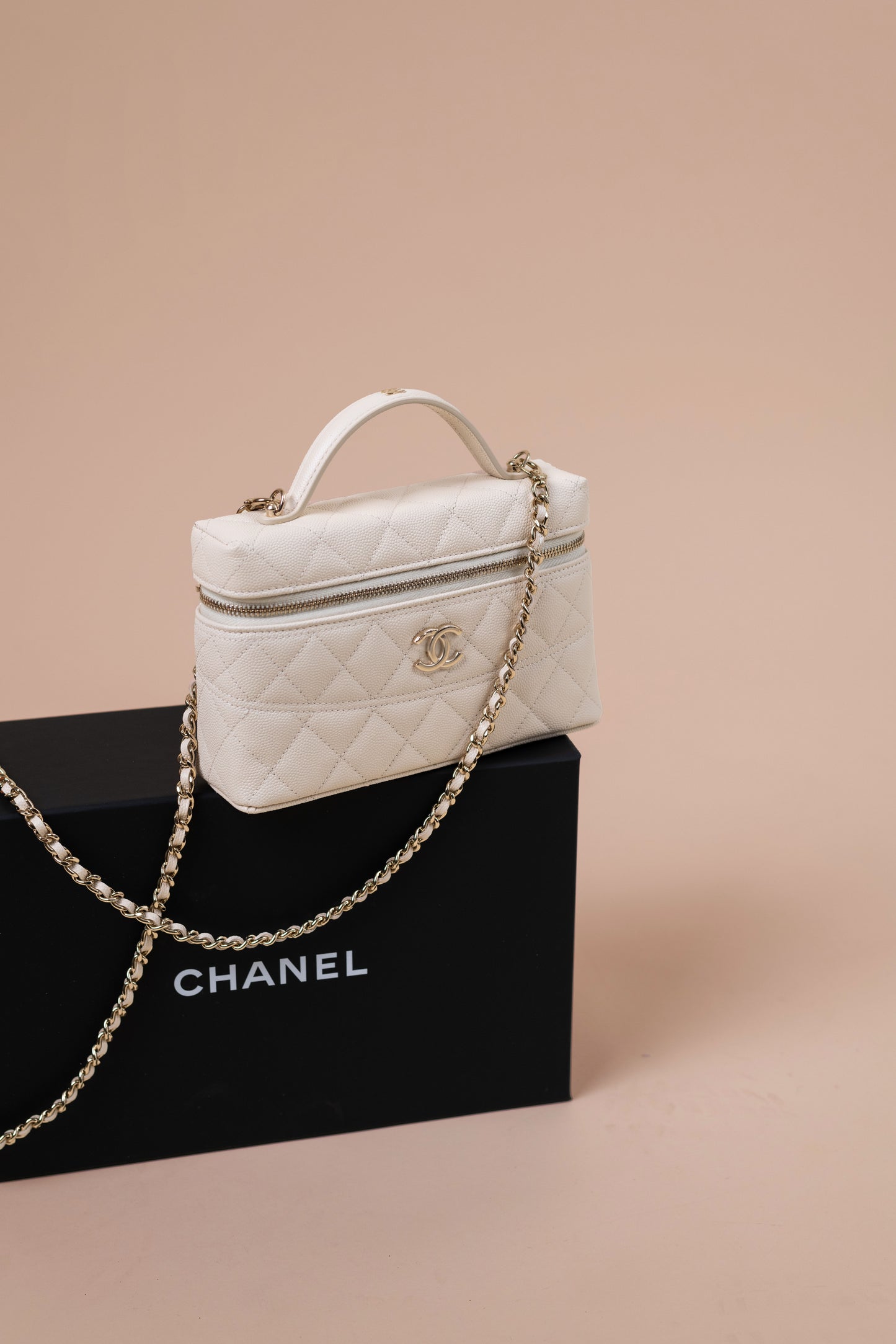 Chanel CC Vanity with Top Handle & Chain in White