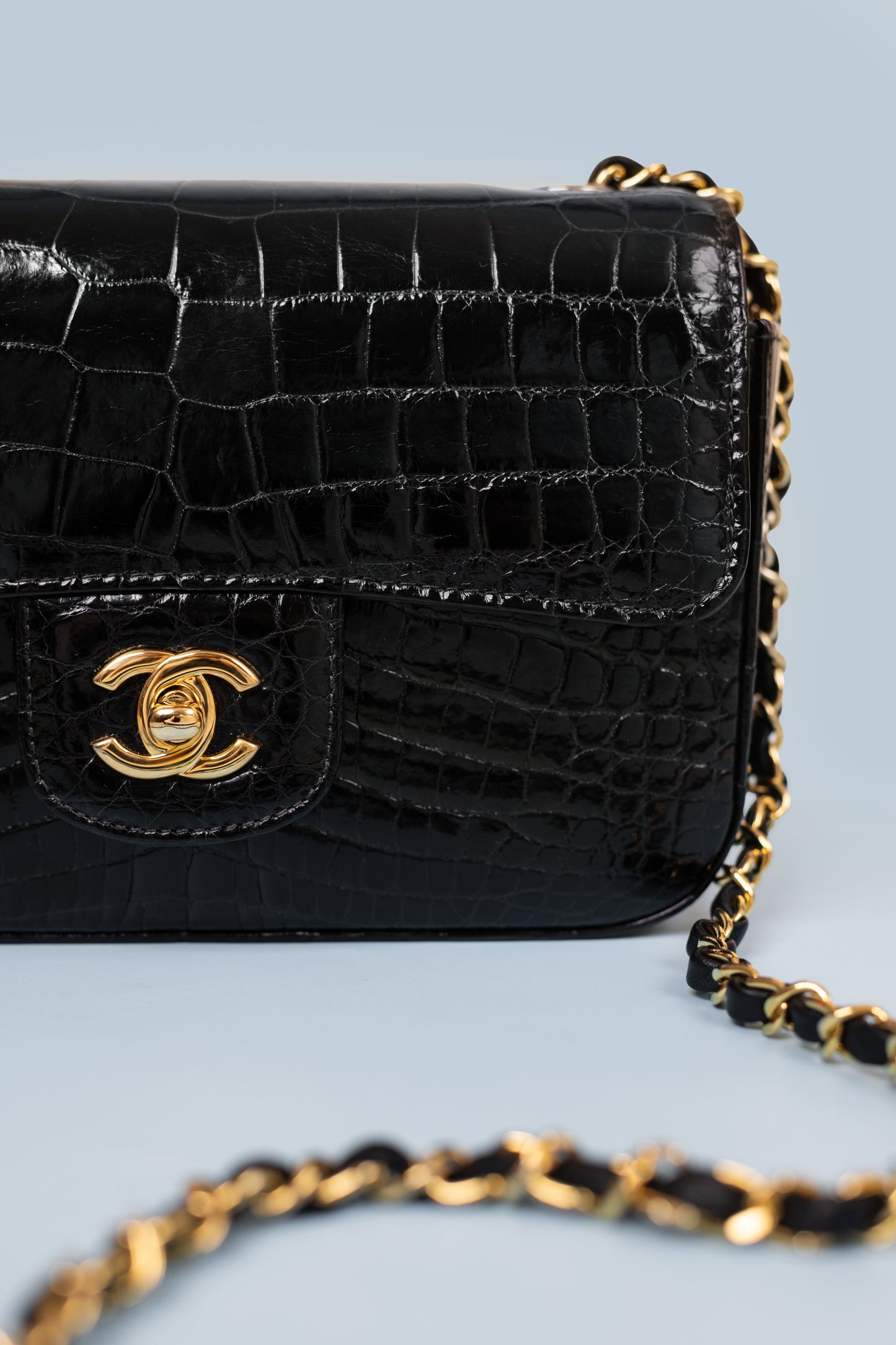 Chanel Black Mini Flap Bag in Shiny Alligator